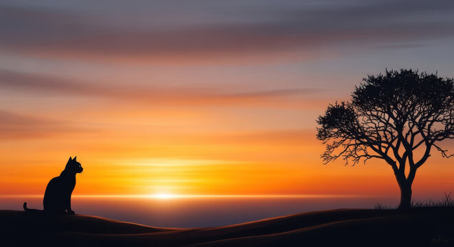 Lone cat silhouetted against vibrant sunset over calm water evokes tranquility - Powered by Adobe