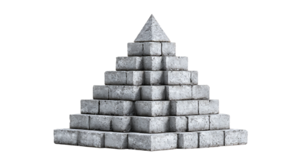 Pyramid made of grey concrete bricks isolated on transparent background