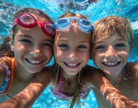 children playing in the pool, wearing swimming goggles and swimsuits. the photo was taken underwater with the blue water as the background - Powered by Adobe