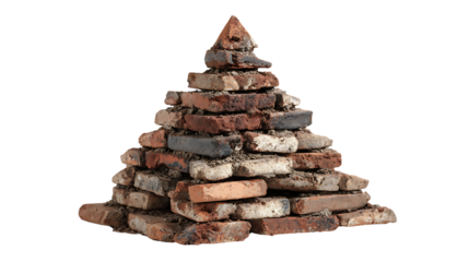 Pyramid made of old red bricks isolated on transparent background