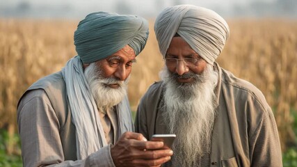 Two funny smiling elderly indian men, farmers, examine smartphone in wheat field. Rural technology concept. Digital agriculture application. Old grandfathers use cell mobile phone learn new tech. - Powered by Adobe