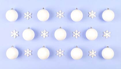 Festive, symmetrical arrangement of white ornaments and snowflakes on a light purple background