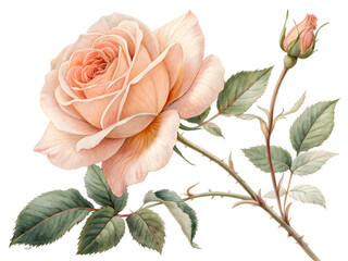 Fototapeta premium Soft Peach Rose in Full Bloom Detailed Velvety Petals and Bud Watercolor Botanical Illustration isolated on a transparent background