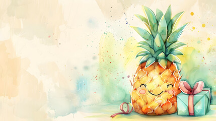 watercolor painting kawaii cute pineapple with a gift