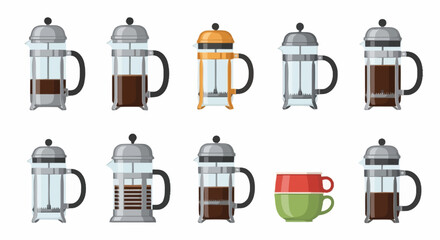 Collection of French Press Coffee Makers and Cups in Vector Style, Ideal for Cafe Menus, Coffee Brewing Guides, or Coffee Equipment Marketing Materials