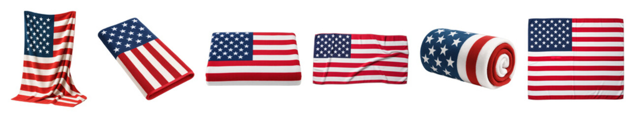 Fototapeta premium US flag textile set including draped, folded, rolled, and flat views isolated. Patriotic decor and celebration items.