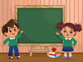 Cute Kids with Blackboard in Classroom Clipart.Vector illustration of a cute boy and girl standing in front of a blackboard. 