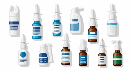 Diverse Collection of Nasal Spray Bottles for Allergy Relief and Sinus Congestion Treatment Illustrations, Packaging Design, and Healthcare Marketing Materials