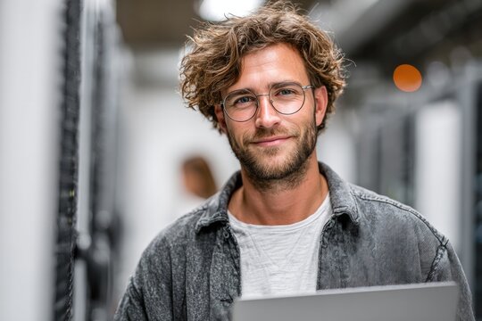 Smiling man with glasses and laptop stands in a server room, looking at the viewer
