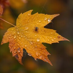 autumn maple leaf with spider and raindrops