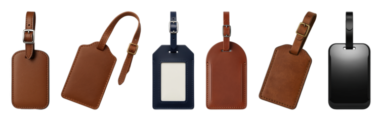 Leather luggage tag set including various brown, navy, and black plastic designs isolated. Travel accessory and branding collection.