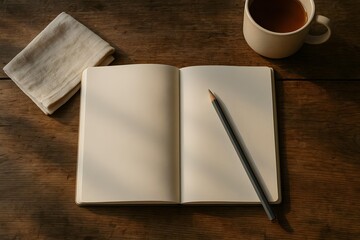 Minimalist Morning Journal with Pencil on Wooden Table – Cozy Flatlay