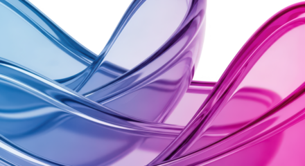 Abstract flowing glass ribbons in blue and pink isolated on transparent background