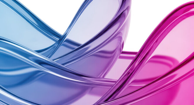 Abstract flowing glass ribbons in blue and pink isolated on transparent background