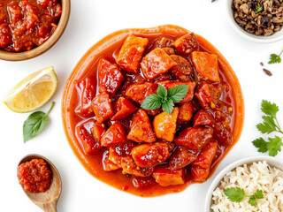 Vindaloo curry Freshly cooked chicken in spicy sauce served with rice and herbs  