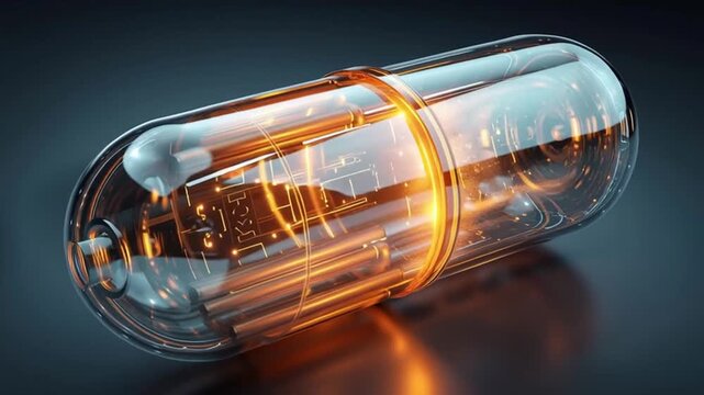Futuristic Transparent Capsule with Glowing Orange Circuit Pattern, Digital Technology, Innovation, Modern Healthcare, Capsule Technology