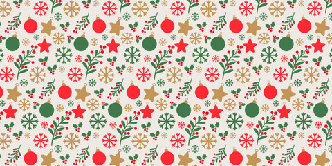 Merry Christmas and Happy New Year greeting card Set. Christmas kids Seamless Pattern with Xmas Tree, Gifts, Ornaments, and Candy. Trendy illustration with Christmas decorative poster background 