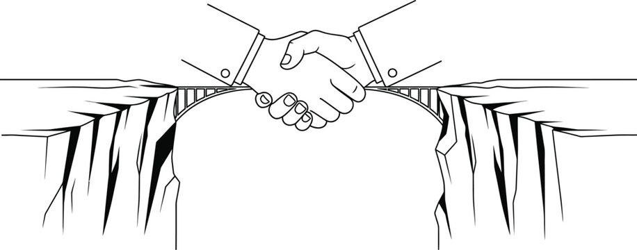 A black and white drawing of a handshake over a bridge spanning a chasm, symbolizing agreement and unity