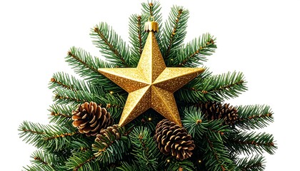 A festive corner arrangement of glistening evergreen sprigs, adorned with a golden star and pine cones, creates a celebratory winter scene against a pure white backdrop.