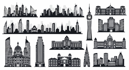 Obraz premium Diverse City Skyline Silhouettes Collection for Architectural Visualization and Urban Design Projects, Ideal for Vector Illustrations, Website Graphics, and Print Media