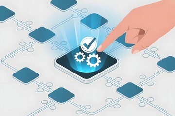 Hand touching digital process automation icon on smartphone isolated on white background