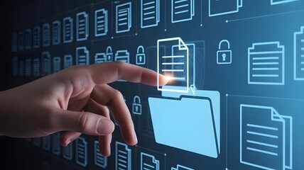 Hand selecting document from folder on virtual screen with data protection