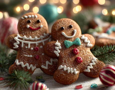 Festive Christmas Gingerbread Cookies with Smiling Fces and Red Button Decoratons on White Surface, Surrunded by Pine Branches andHoliday Decorations