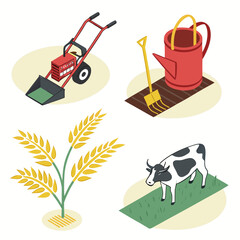 Farm elements including a tiller watering can wheat and a cow