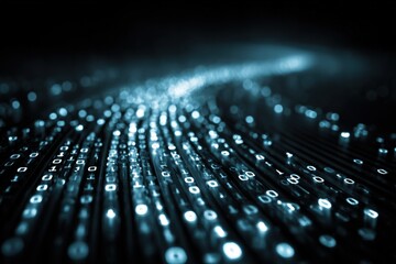 Glowing digital data stream of binary code, moving forward with a blur effect, dark background