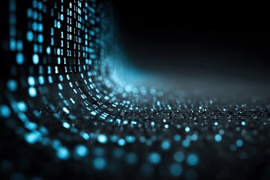 Abstract digital stream composed of illuminated binary code, curved with a bokeh effect