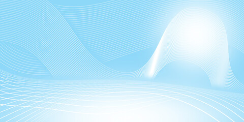 Abstract wavy white lines on light blue background. Lines dynamic movement and flow. Glowing white, Foreground curve modern, clean, and ethereal.