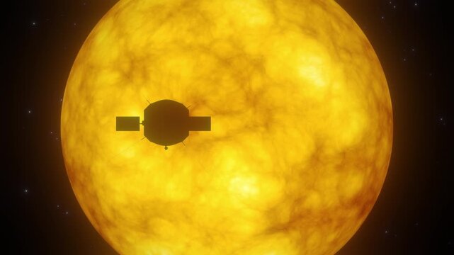 Silhouette of Parker Solar Probe Traversing Surface of the Sun with Heat Shield Protecting Scientific Instruments On Board Gathering Data About Star Activity.