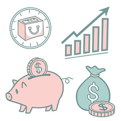 Cute financial icons including piggy bank and growing bar chart
