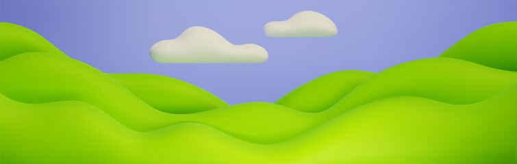 Obraz premium 3d cartoon hills landscape with fluffy clouds floating in blue sky - stylized minimal nature background illustration. Curvy green mounds in bright vibrant colors. Simple cute countryside scenery.
