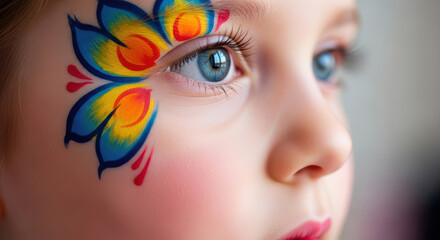Close-up profile of young child with vibrant colorful butterfly face paint