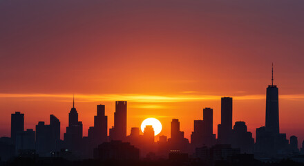 Vibrant sunset silhouettes modern city skyline illuminated by golden sun rays