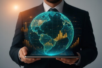 Businessman holds digital globe with financial data overlay
