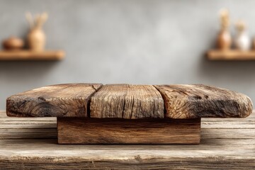Rustic wooden table with a coarse, textured surface, against a blurred, simple background