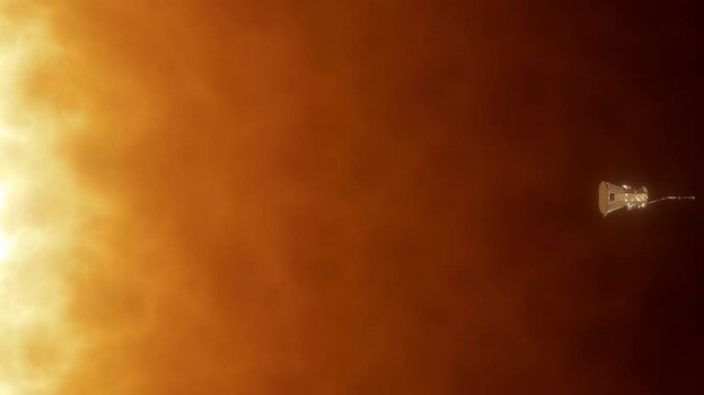 Parker Solar Probe Approaching Surface of the Sun with Heat Shield Protecting Scientific Instruments On Board Gathering Data About Star Activity. Hot Corona Bursting Out into Space.