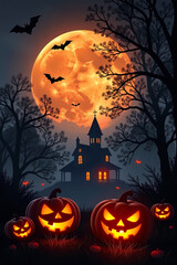 Spooky Halloween Background with Haunted House, Jack-o’-Lanterns, and Flying Bats