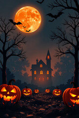 Spooky Halloween Background with Haunted House, Jack-o&rsquo;-Lanterns, and Flying Bats