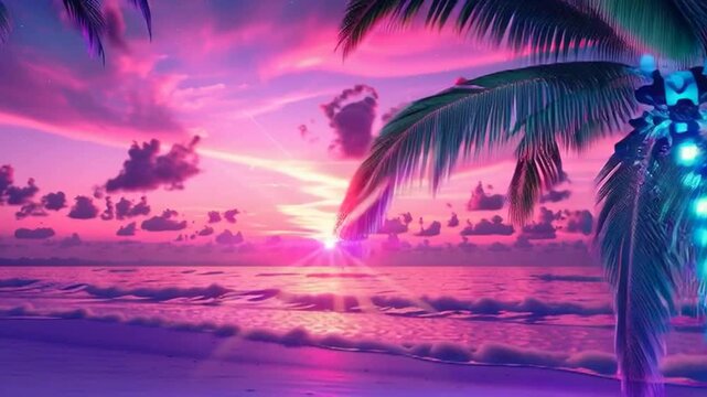A sped-up video of a beautiful beach with glowing, colorful water in neon pink and purple hues, creating a vibrant and dreamy summer paradise atmosphere.