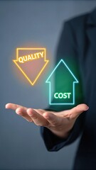 Hand holding cost and quality neon sign concept