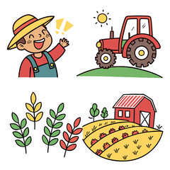 Happy farmer waving next to a tractor and farm scene