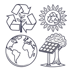 Set of eco friendly symbols including recycling earth solar panel and sun