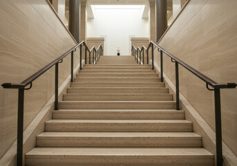 Obraz premium Symmetrical beige staircase with metal handrails leading upwards towards bright light
