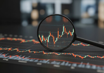 Magnifying glass focused on stock market chart with trading data finance analysis