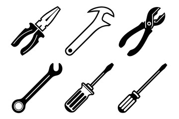 Collection of six black and white tool icons on a white background