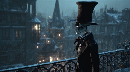 A dapper skeleton contemplates a rain-swept city at night.