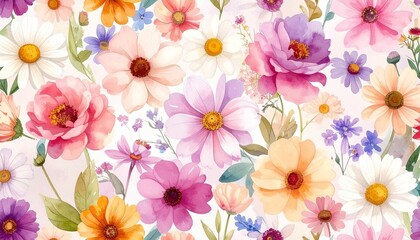 Watercolor floral illustration featuring a seamless arrangement of daisies, lilies, cosmos, and wildflowers in soft pastel tones. Hand-painted style with visible watercolor textures.